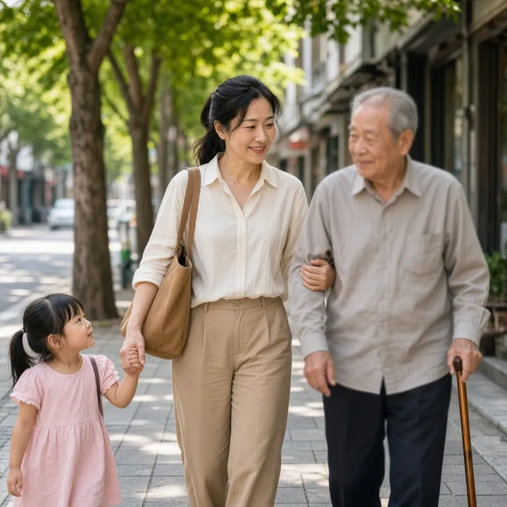 一位牽著女兒、扶著父親的上班族媽媽