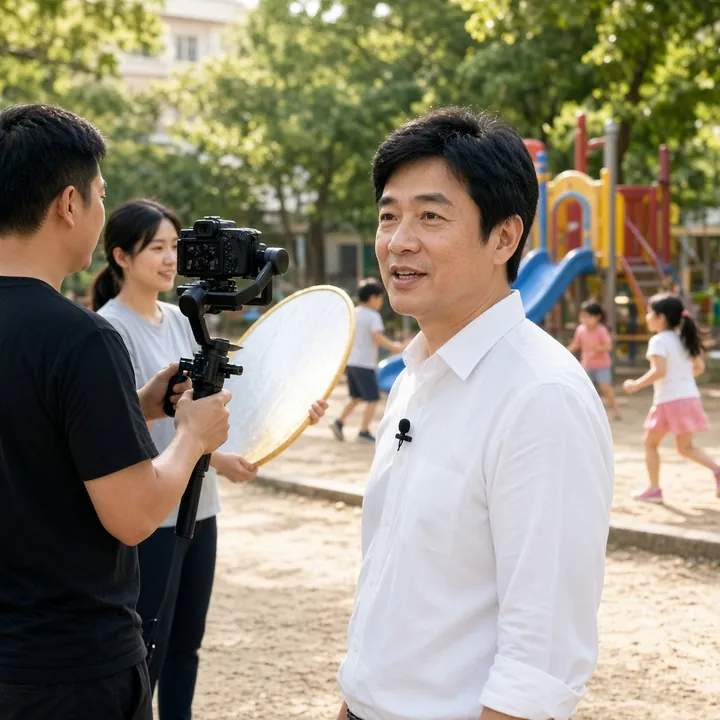 攝影團隊在公園拍候選人